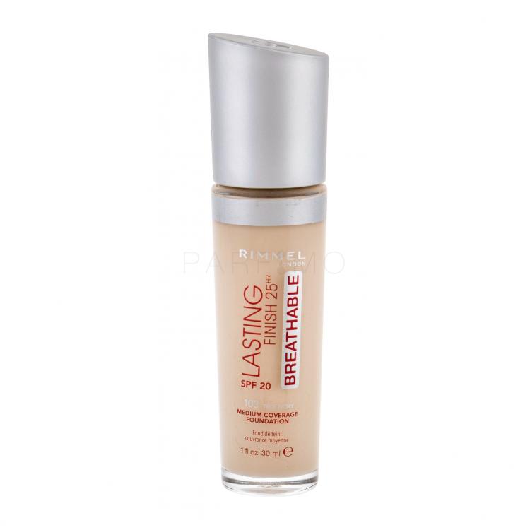 Rimmel London Lasting Finish Breathable 25HR SPF20 Fond de ten pentru femei 30 ml Nuanţă 103 True Ivory